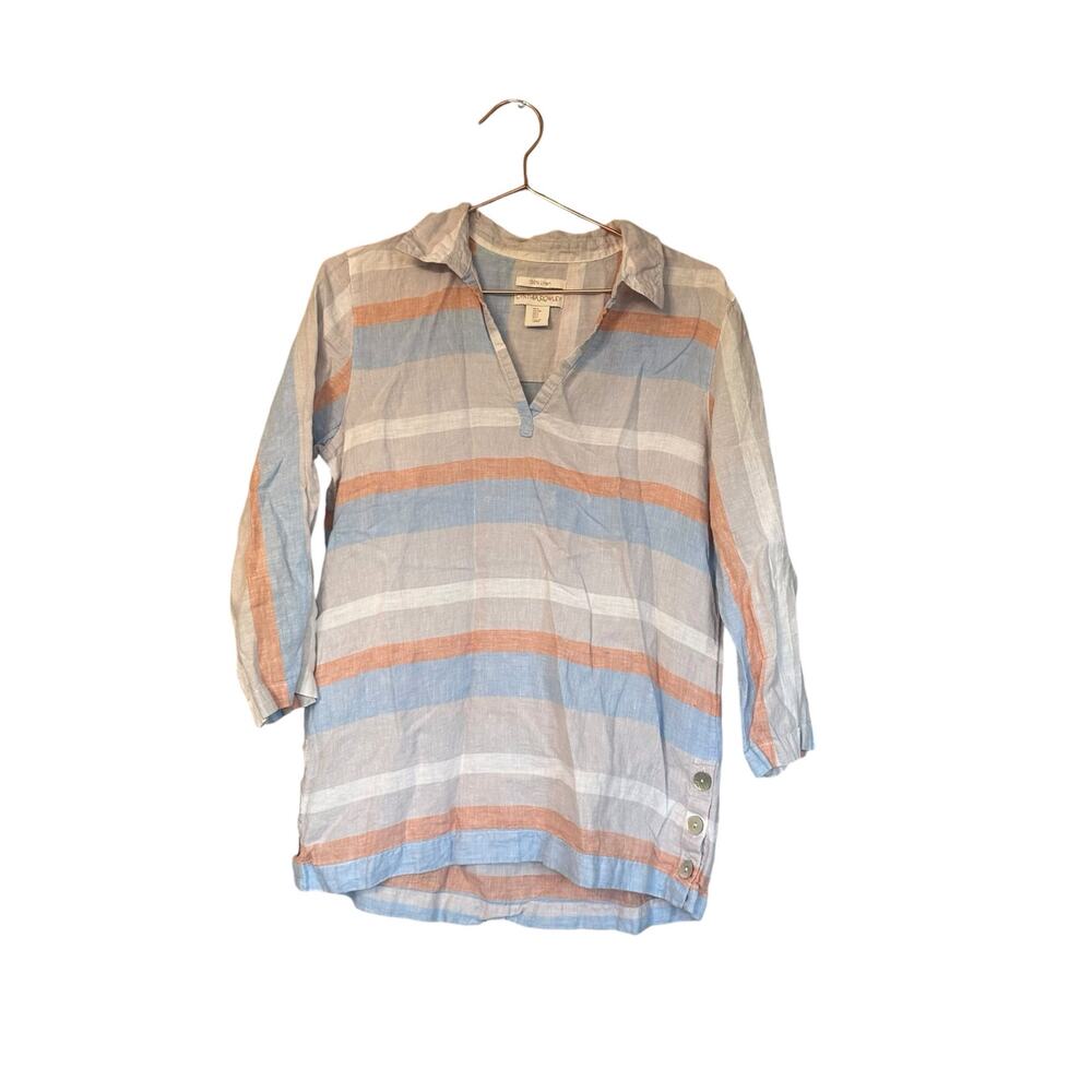 Cynthia Rowley 100% linen muted striped 3/4 sleeve top size small